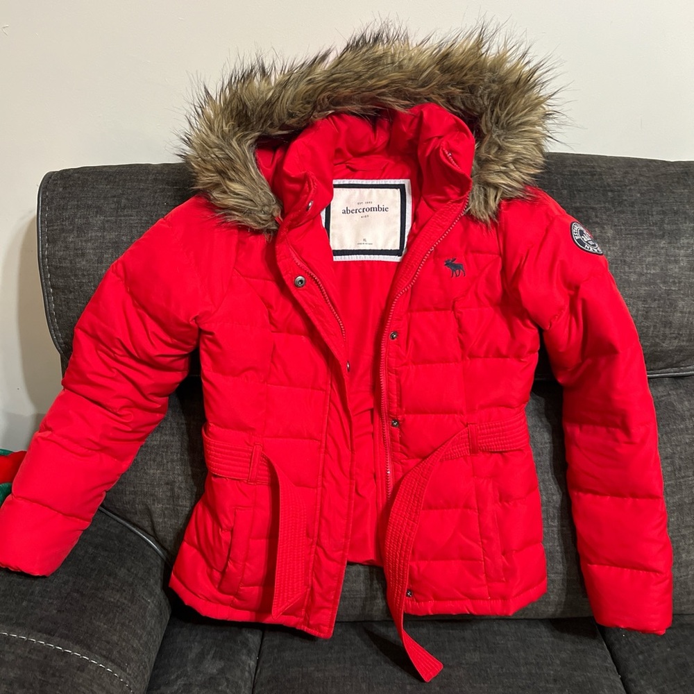 Abercrombie & Fitch Kids Red Puffer Jacket with Faux Fur Hood